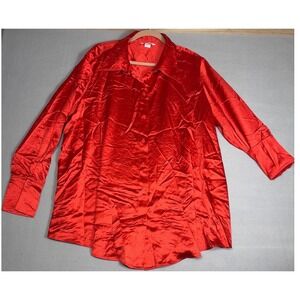 HM Red Satin Button Down Shirt Women XXL Long Sleeve Blouse Orange